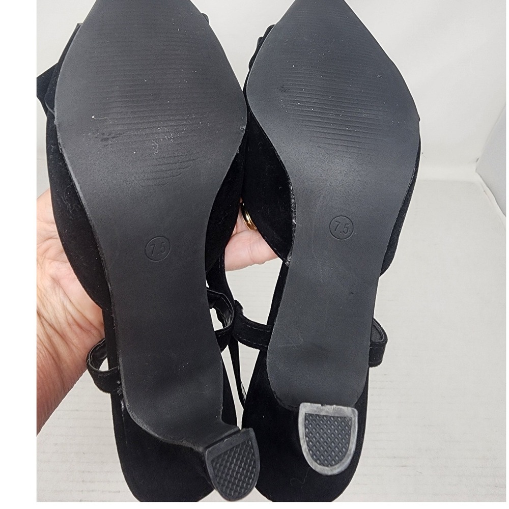 CAMSCOO Black Suede Pointed Toe Slingback Bow Kitten Heels Women Size 7.5 - Picture 11 of 12